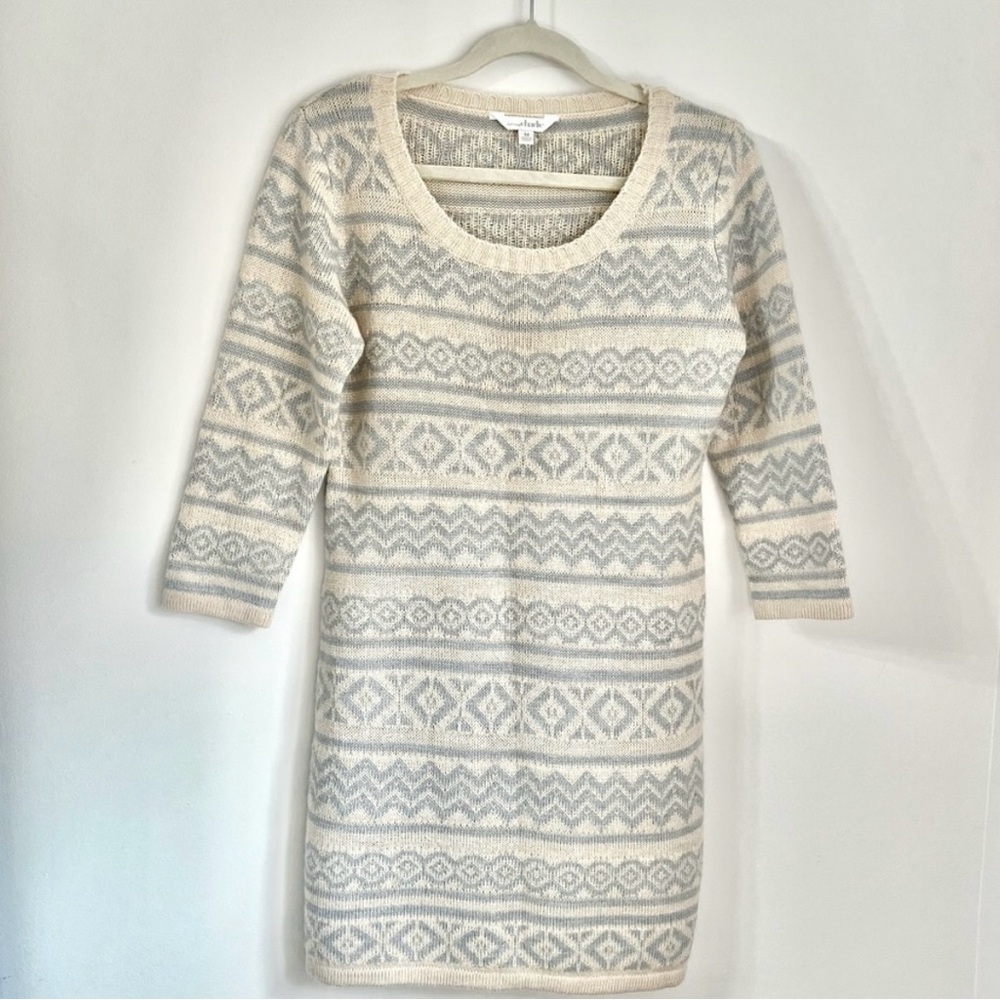 Charming Charlie Fairisle Sweater Dress 3/4 Sleeve Ivory/Gray Holiday Knit Dress